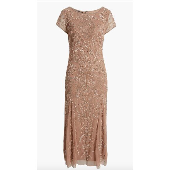 PISARRO NIGHTS New Beige Nude Beaded Mesh Midi Cocktail Dress Holiday NWT Sz 4 - Picture 10 of 11
